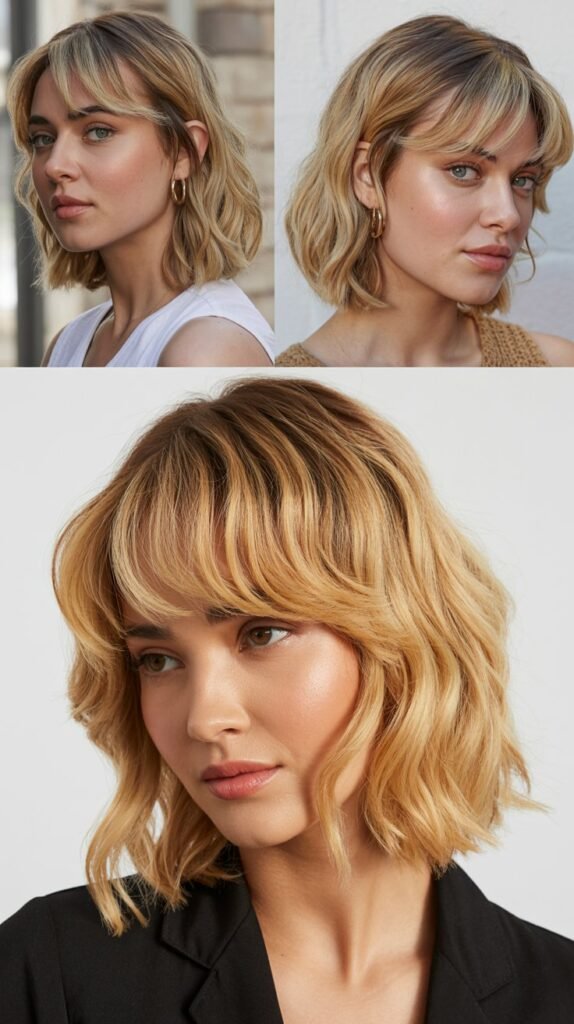 Wheat Toast Blonde Lob with Choppy Curtain Bangs