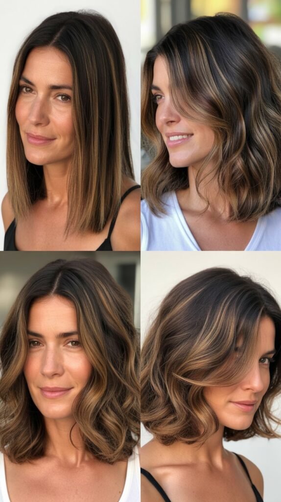 Brunette Lob with Caramel Highlights