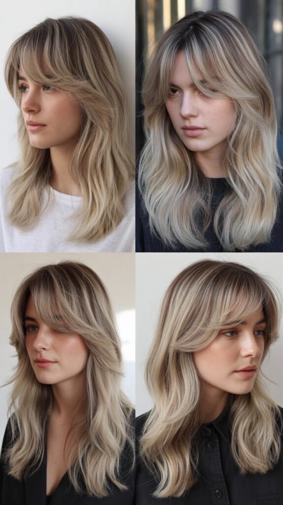 Layered Curtain Bangs with Moonstone Blonde Balayage