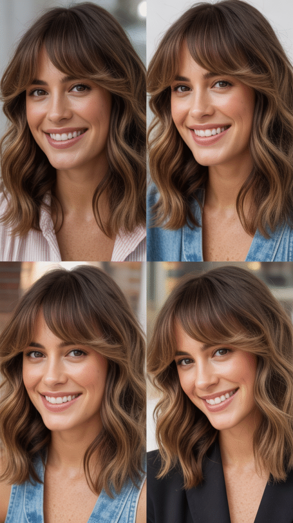 6. Wavy Midi Cut With Curtain Bangs And Face-Framing Layers