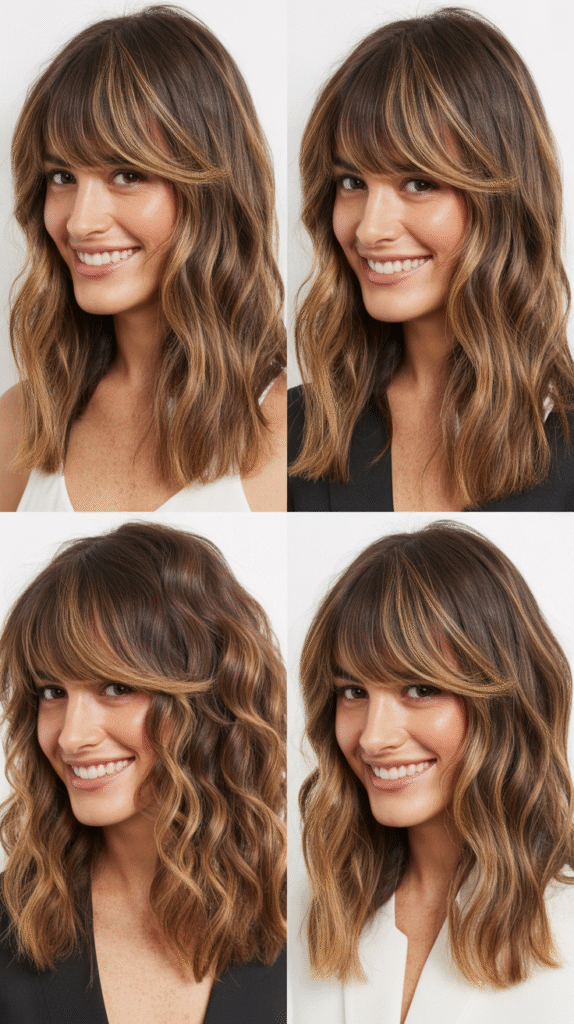 Medium Layers With Curtain Bangs And Balayage