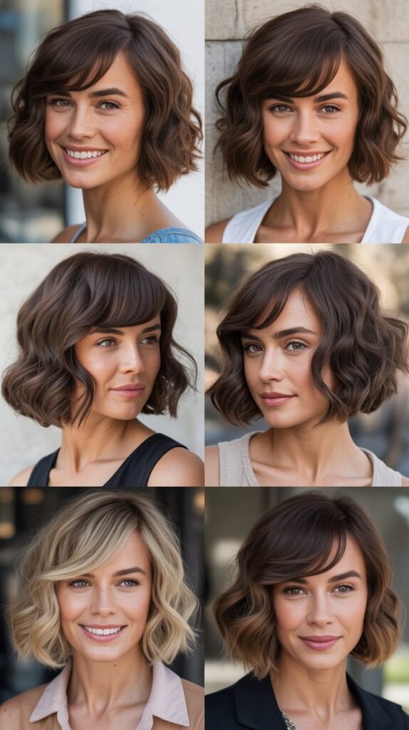 Wavy Angled Bob With Long Sweeping Bangs