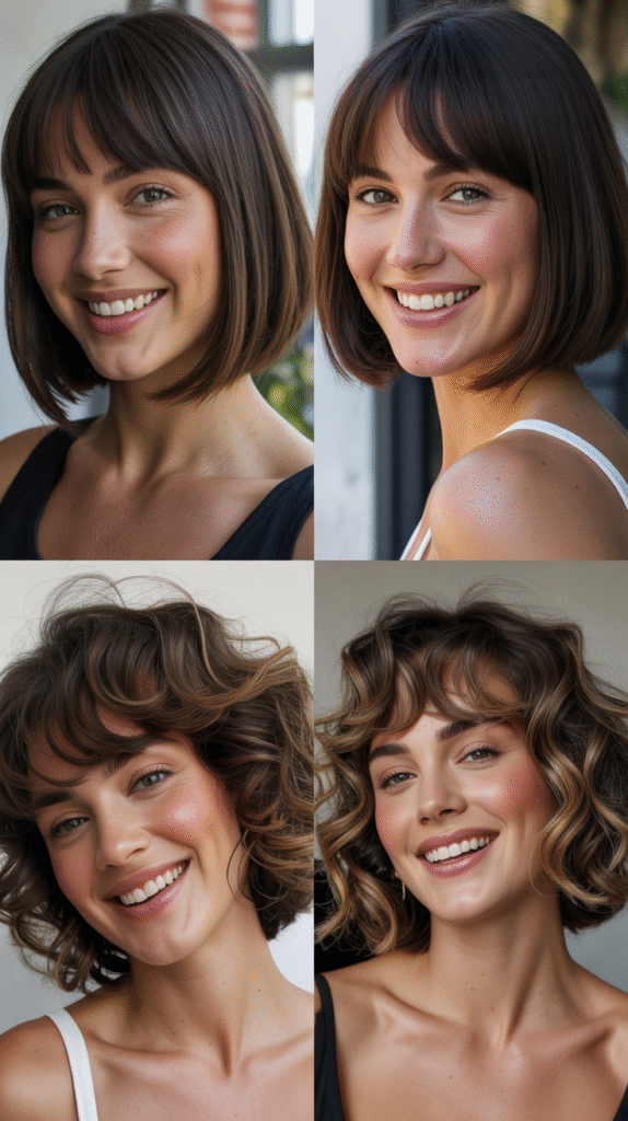 . Balayage Angled Bob With Long Highlighted Bangs