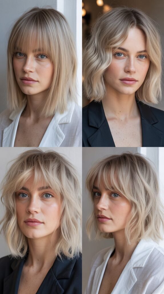 Icy Blonde Lob with Wispy Fringe