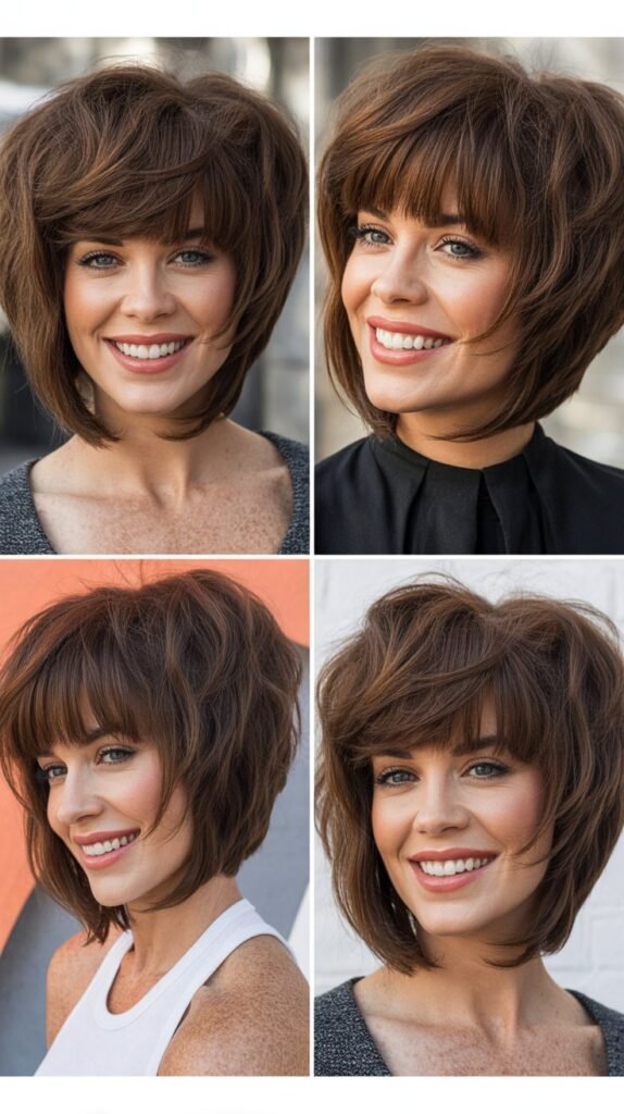 Voluminous Angled Bob With Long Teased Bangs