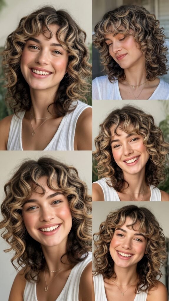 Curly-Friendly Layers with Curtain Bangs and Caramel Blonde