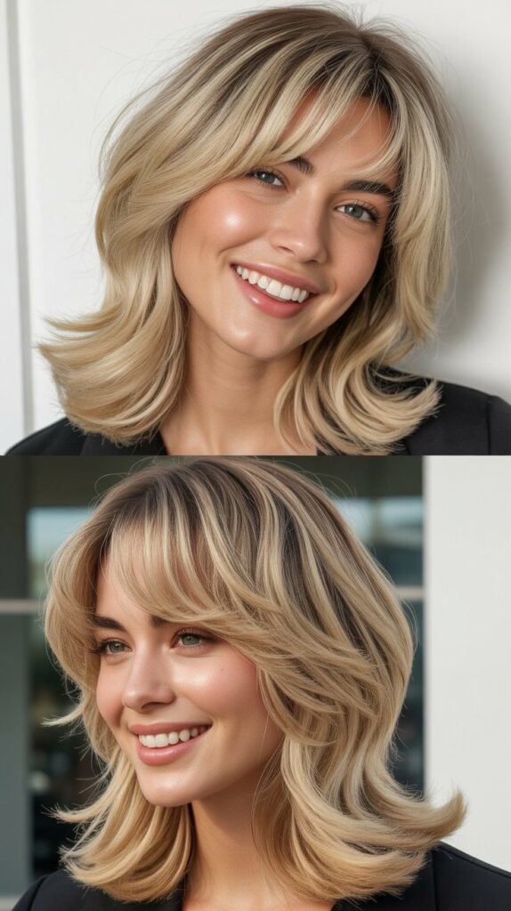 Buttery Blonde Shag with Long Curtain Bangs