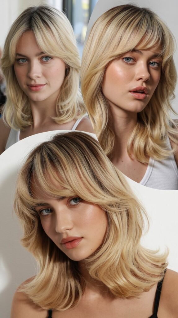 Creamy Blonde Midi with Soft Blended Curtain Bangs