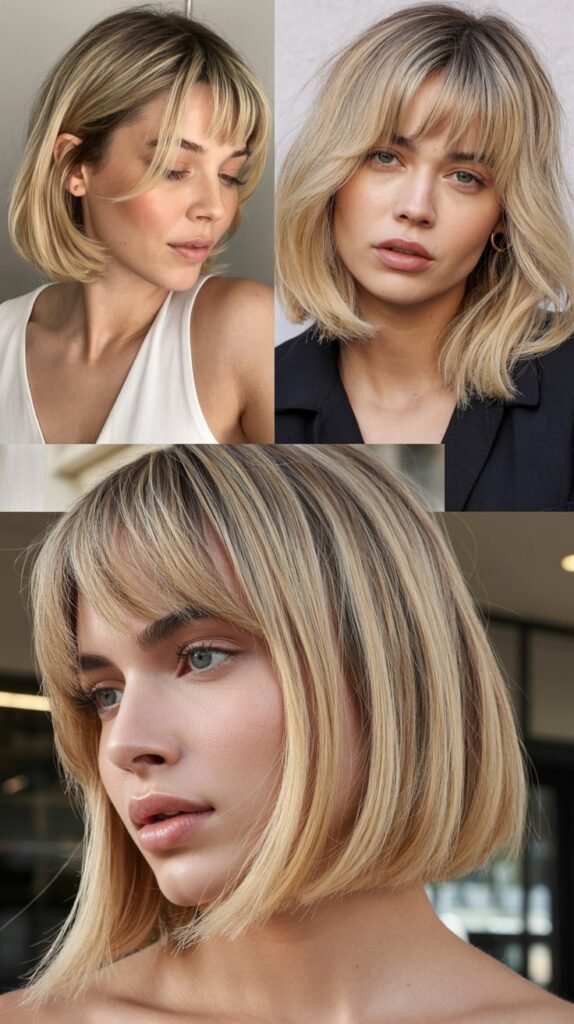 Champagne Blonde Long Bob with Feathered Curtain Bangs