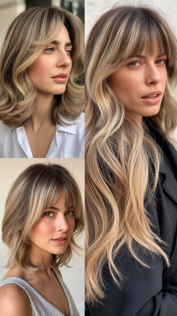  Feathered Bangs with Beige Blonde Balayage