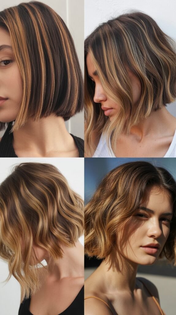  Inverted Bob With Warm Caramel Ribbons