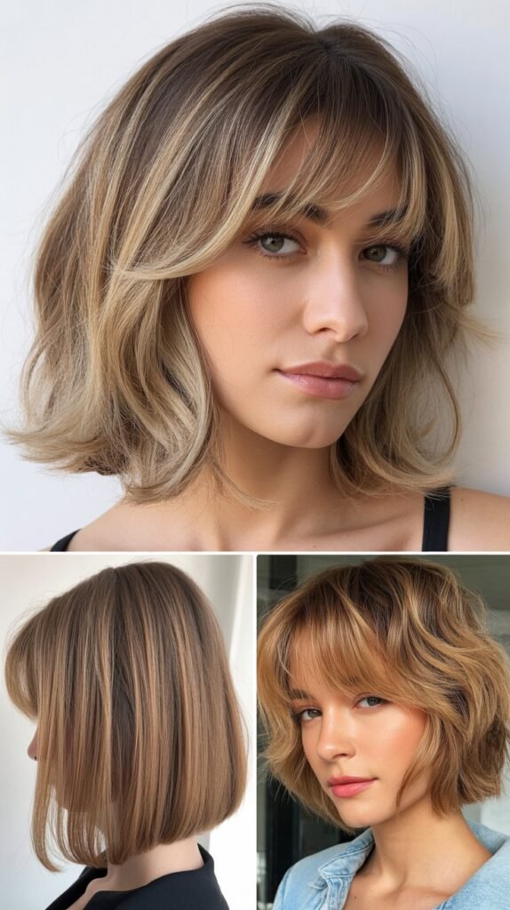 Layered Bob with Money Piece Highlights and Bangs
