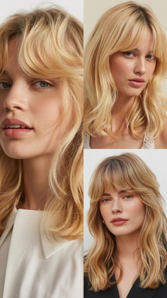 Flaxen Blonde Shoulder-Length with Wispy Curtain Bangs