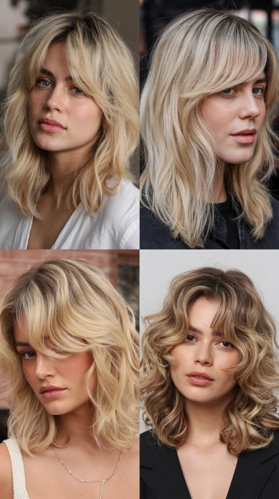 Vanilla Blonde Mid-Length with Piecey Curtain Bangs