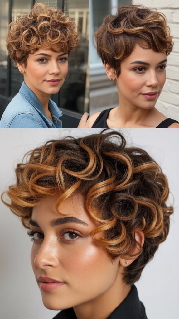 Curly Pixie With Caramel Highlights