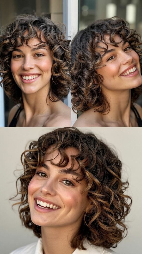 Curly Medium Layers with Side Part Bangs
