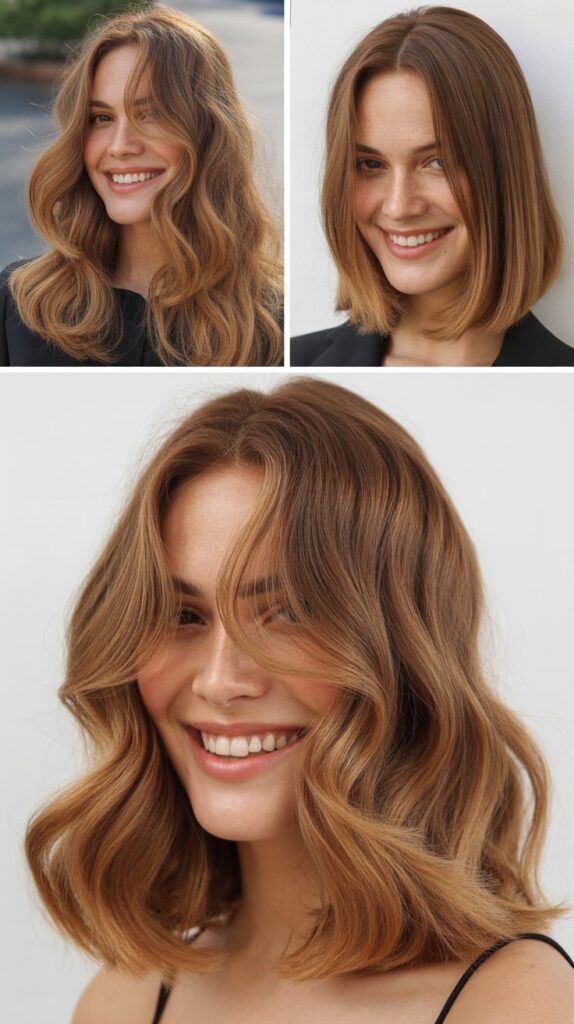 Caramel Macchiato Blonde with Swoopy Curtain Bangs