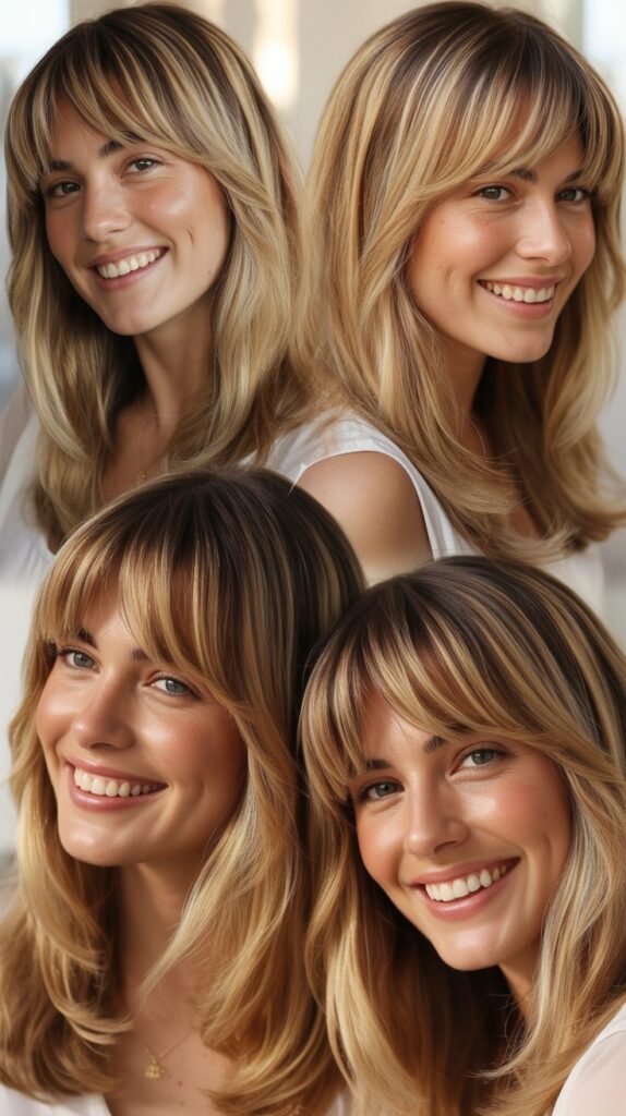 Arched Bangs with Golden Blonde Balayage