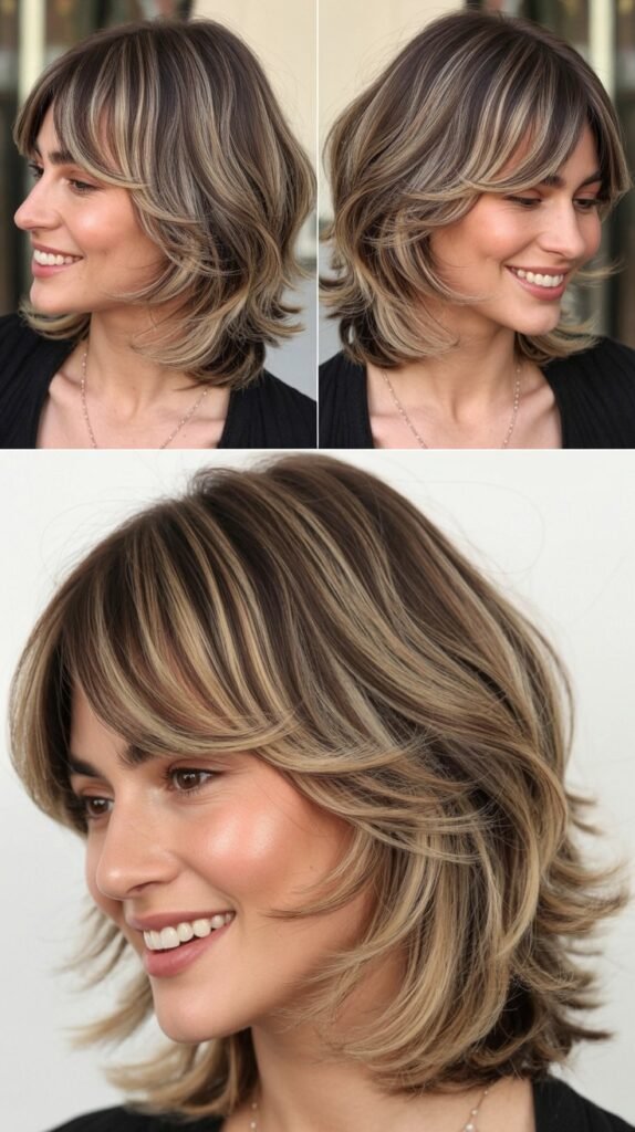 Piecey Bangs with Beige Balayage on Medium Layered Cut