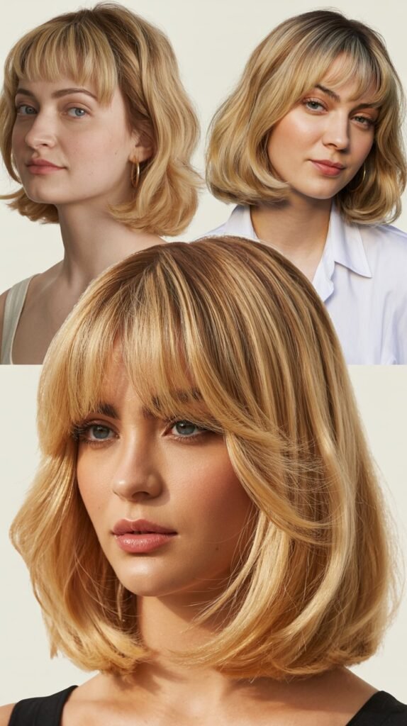 Wheat Blonde Shoulder-Length Hair with Full Curtain Bangs