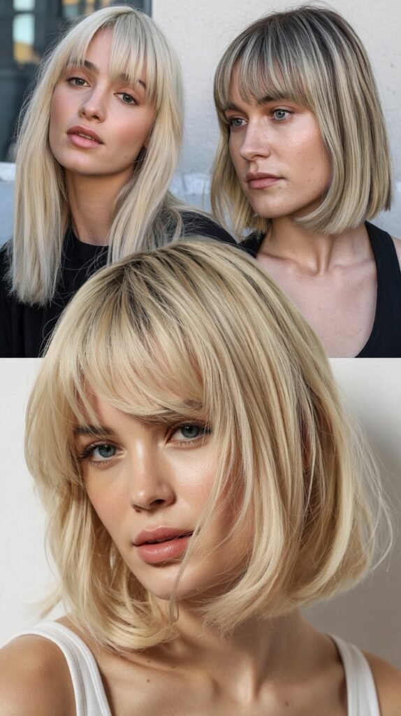 Icy Blonde Midi Cut with Micro Curtain Bangs
