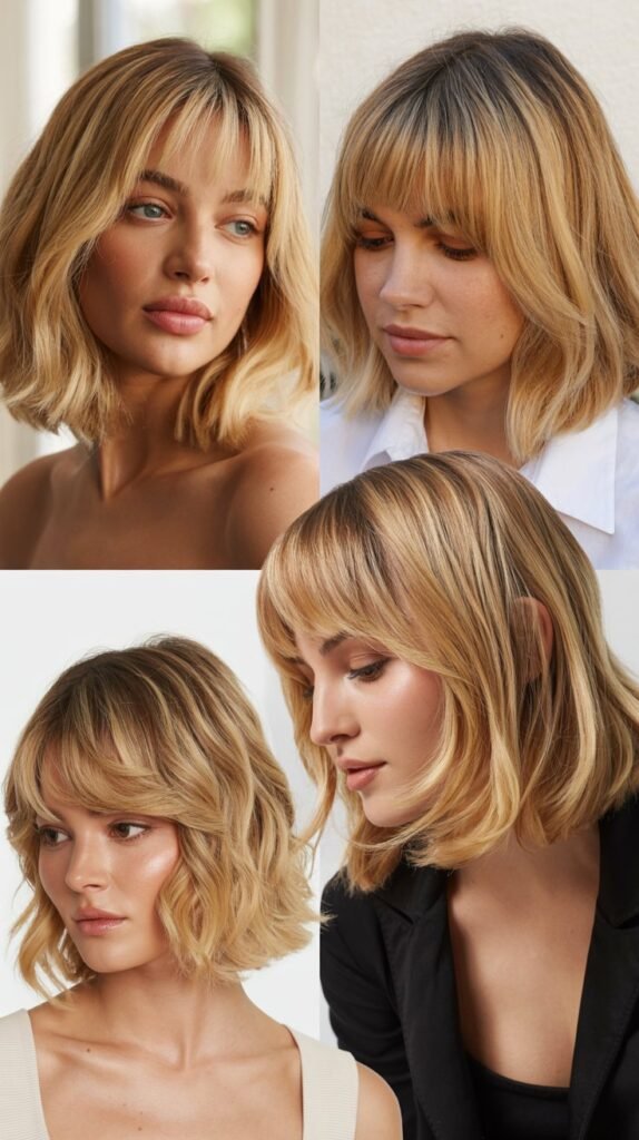 Honey Butter Blonde Lob with Textured Curtain Fringe