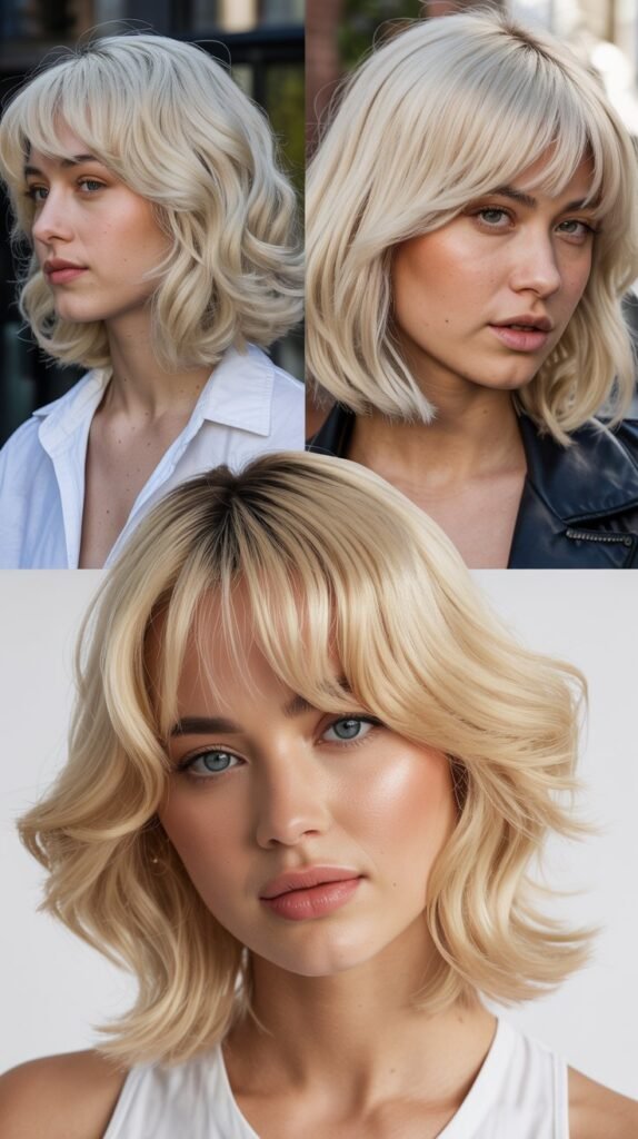 Vanilla Ice Blonde Lob with Micro-Feathered Curtain Bangs