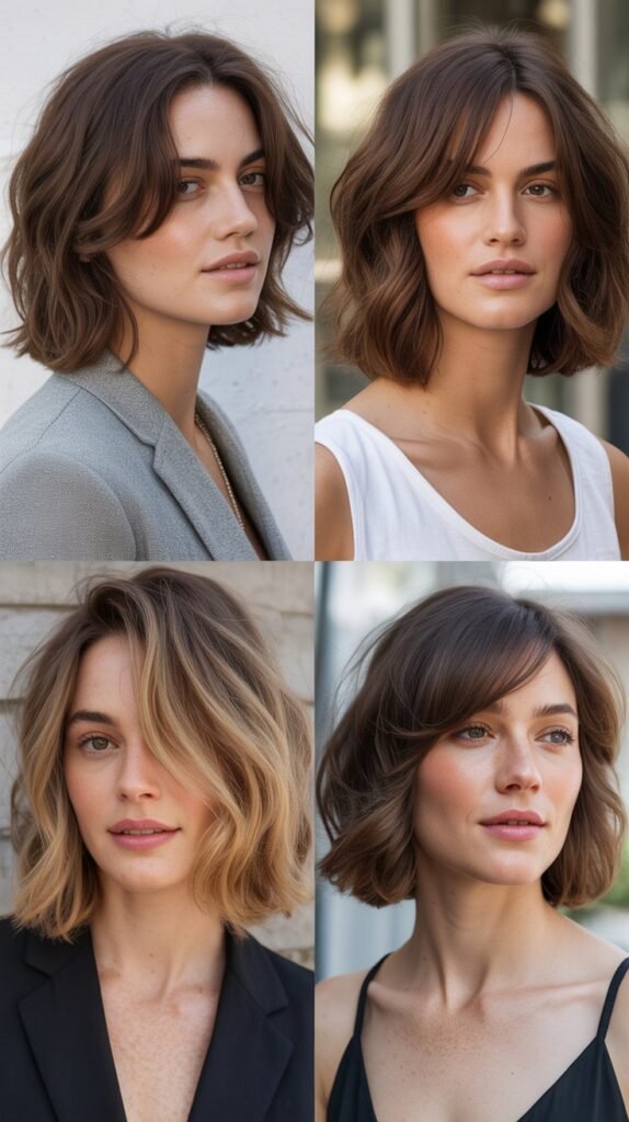 Textured Lob With Long Side-Swept Bangs