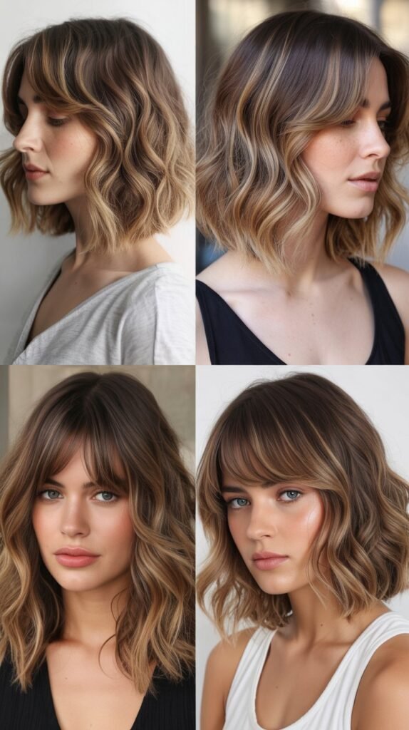 Wavy Bob With Long Bangs And Balayage