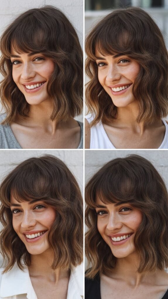 Brow-Skimming Bangs with Wavy Lob