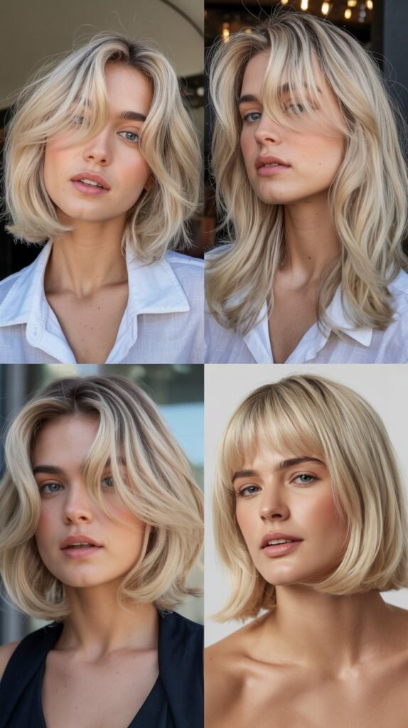 Pearl Blonde Shoulder Cut with Curved Curtain Bangs