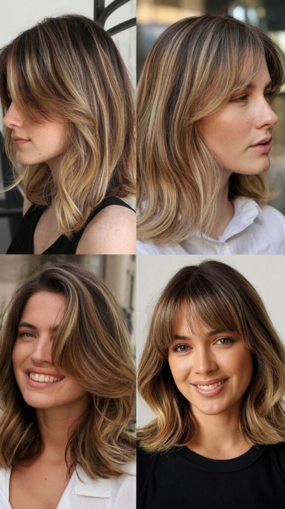 Bronde Lob with Thick Curtain Bangs