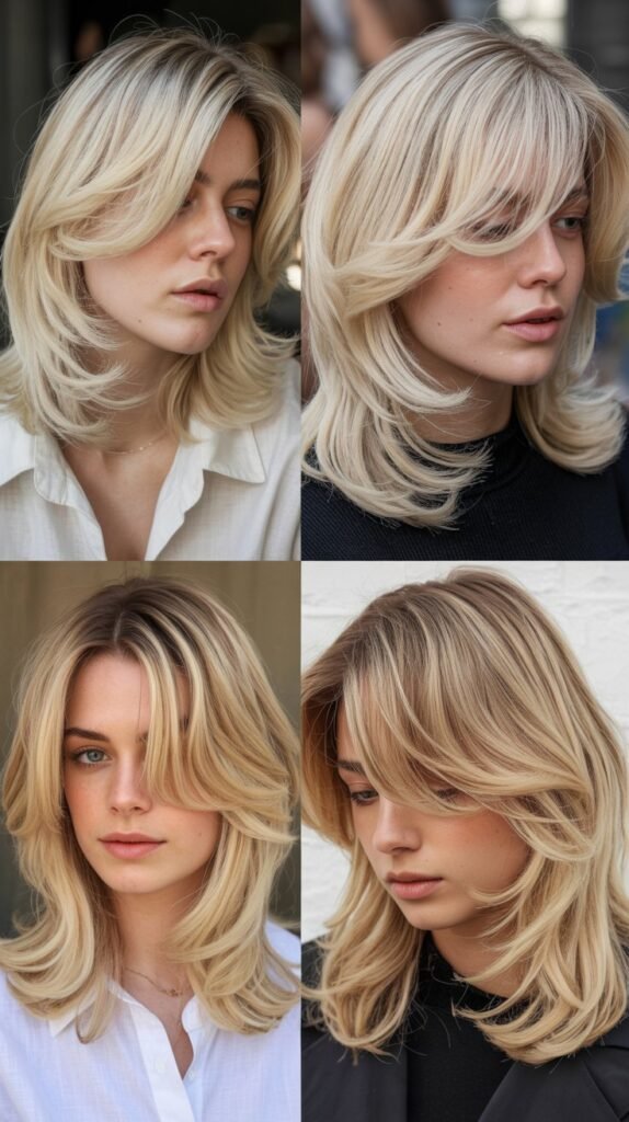 Buttercream Blonde Layers with Baby Curtain Bangs