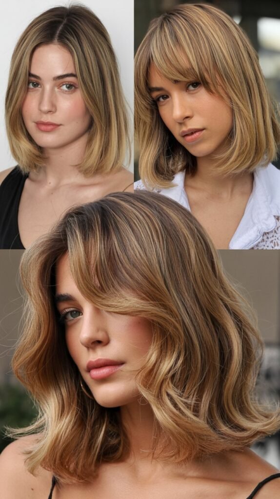 Buttered Rum Blonde Shoulder-Length with Full Curtain Bangs