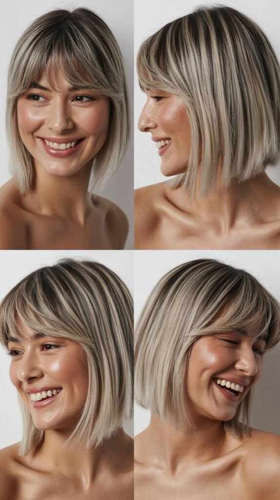  Baby Bangs with Platinum Balayage on Medium Straight Hair