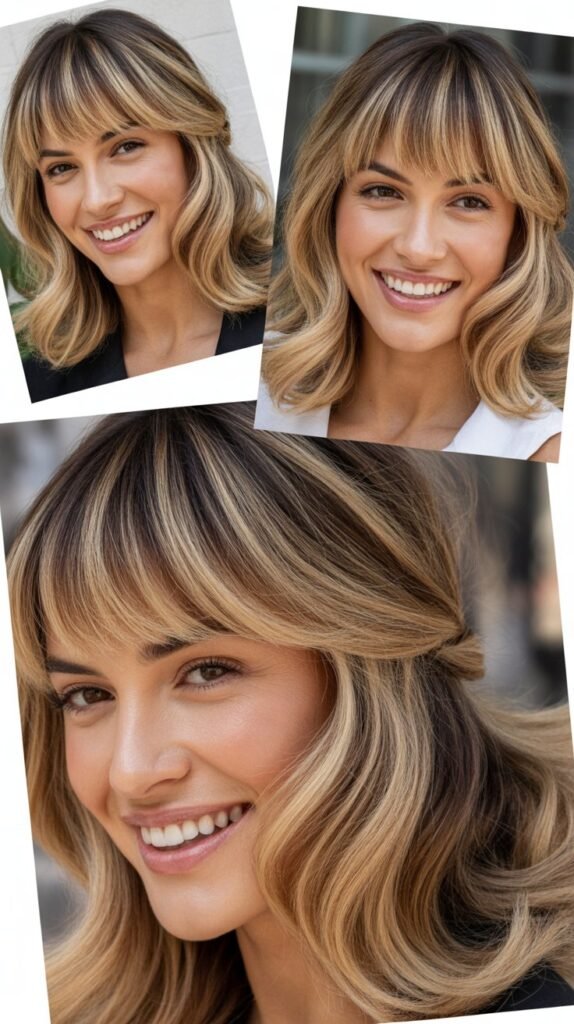 Brow-Skimming Bangs with Butter Blonde Highlights