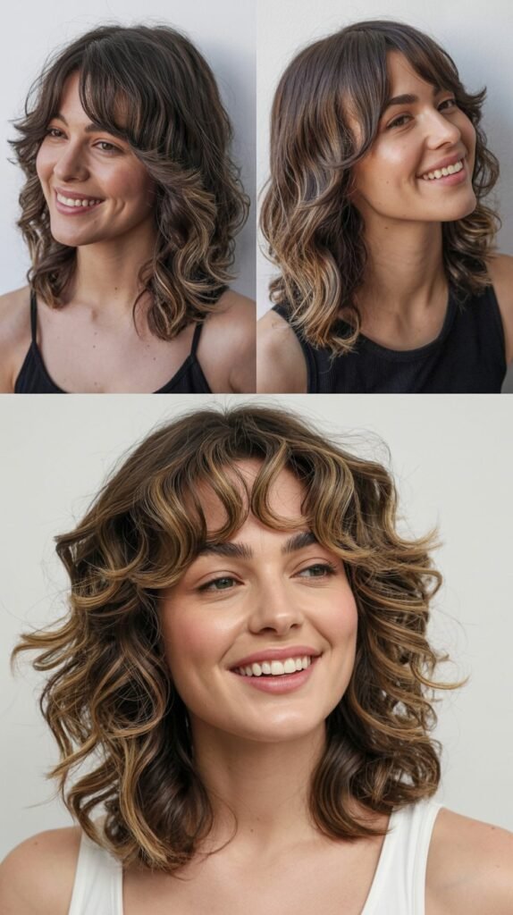 Wavy Shoulder-Length with Side Bangs and Root Shadow