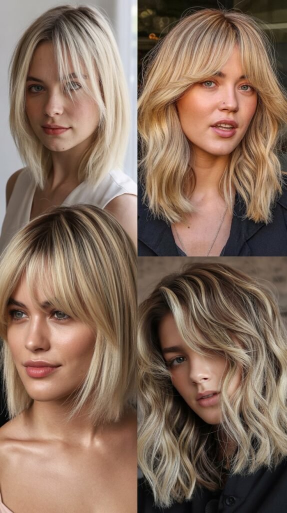 Frosted Blonde Lob with Angled Curtain Bangs
