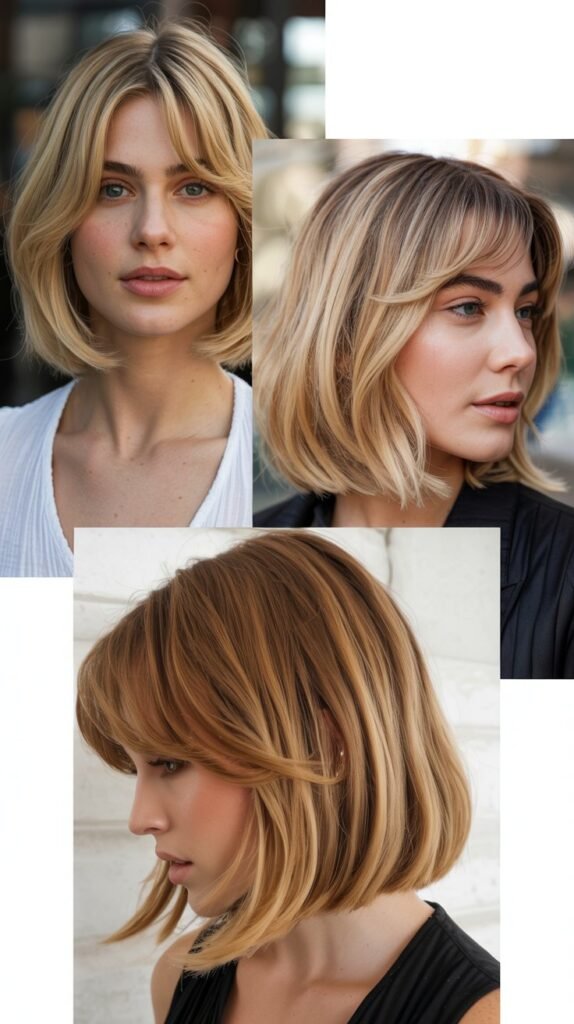 Toasted Almond Blonde Lob with Face-Framing Curtain Bangs