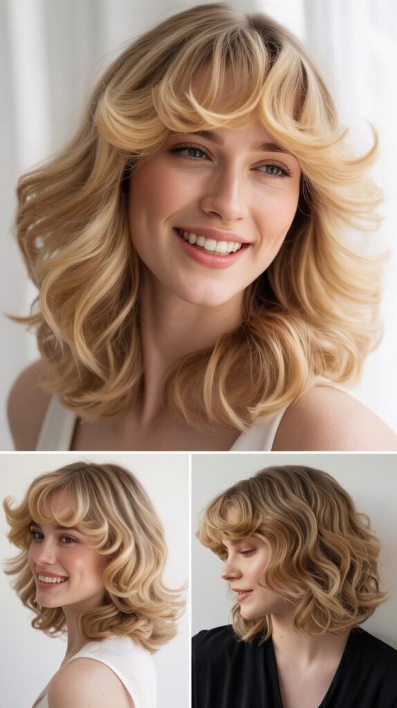  Champagne Blonde Waves with Feathered Bangs