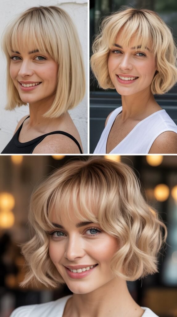 Champagne Pop Blonde Bob with Textured Bangs