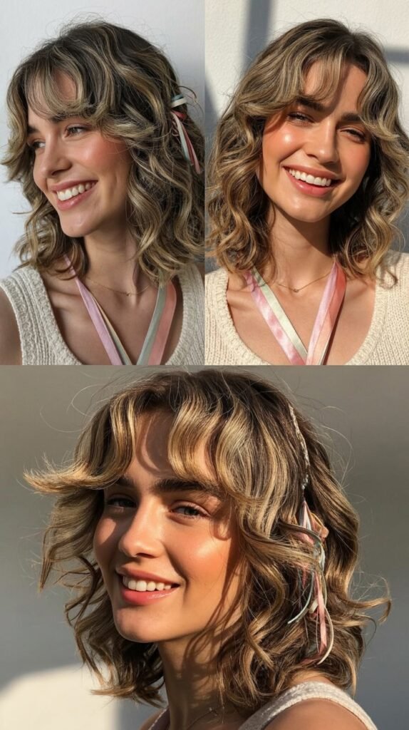 Tousled Midi with Side Bangs and Ribbon Highlights