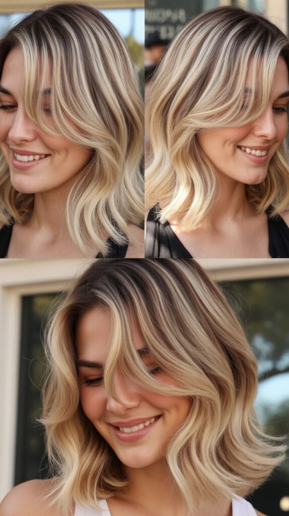  Blonde Balayage Midi with Face-Framing Fringe