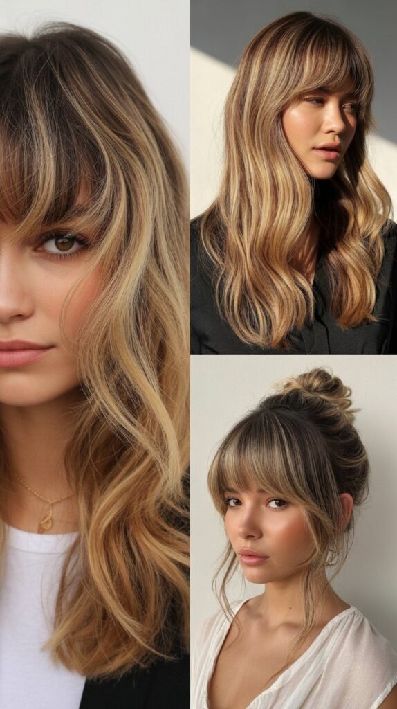  Curtain Bangs with Honey Blonde Balayage