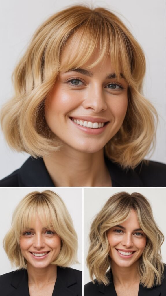  Classic Curtain Bangs with Golden Blonde Lob