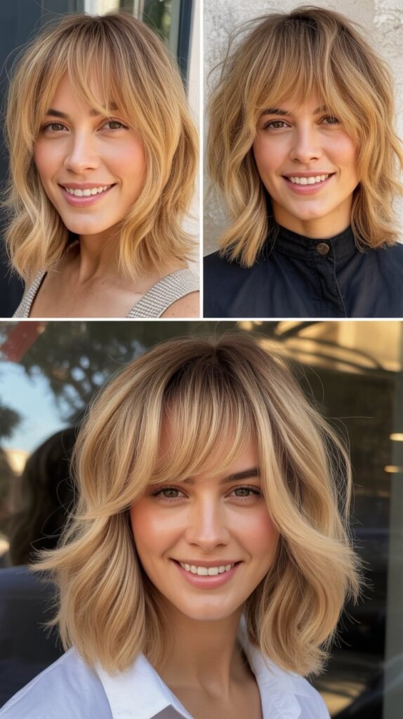 Honey Blonde Shag with Textured Curtain Bangs