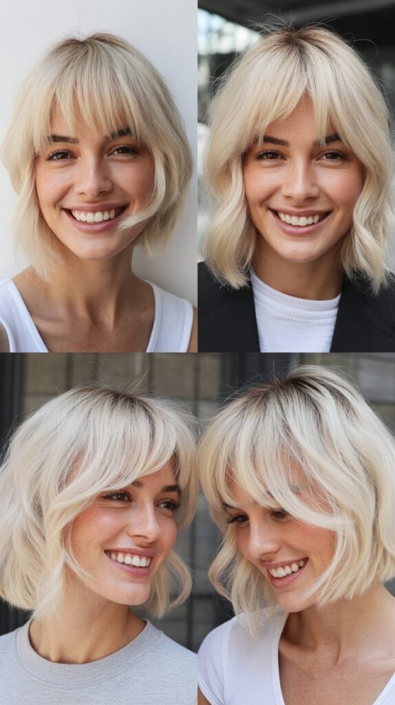 Platinum Blonde Lob with Wispy Curtain Bangs