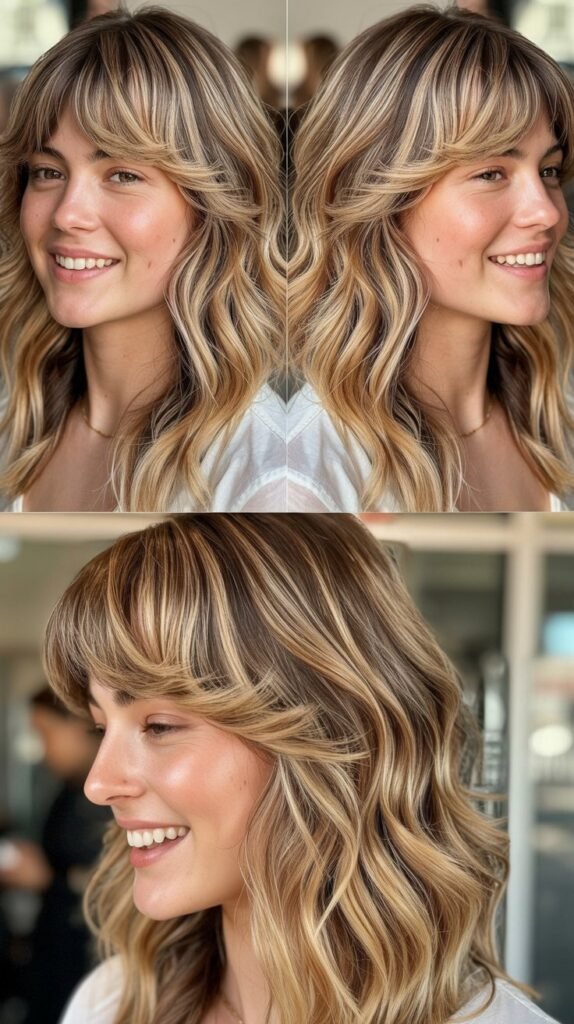  Choppy Curtain Bangs with Sandy Blonde Balayage