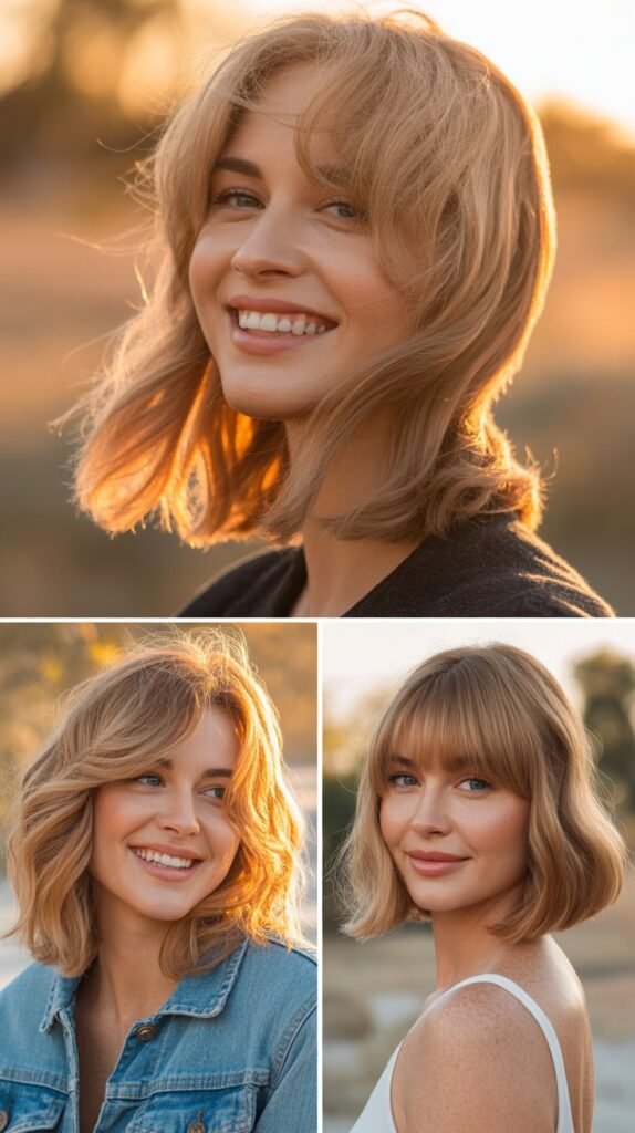  Golden Hour Blonde with Piece-y Layers and Bangs