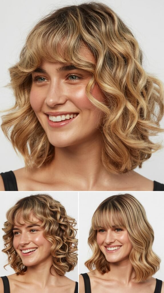 Wavy Lob with Curtain Bangs and Highlights